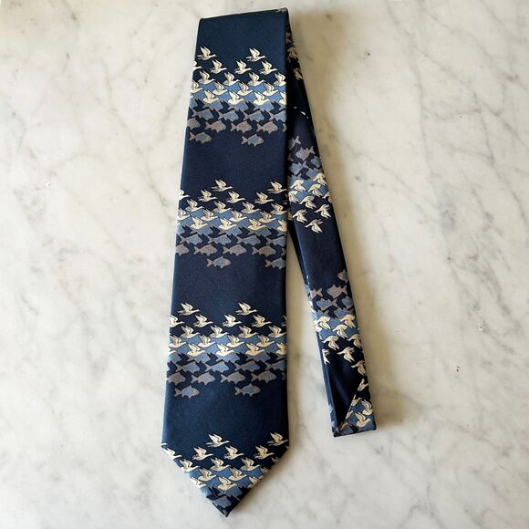 MC Escher Sky and Water Design Men's Silk Neck Tie Blue Cream Flying Fish Birds - Picture 2 of 4